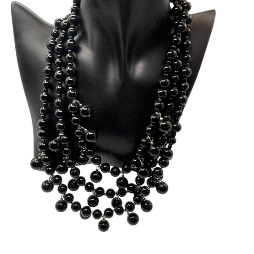 **Talbots Multistrand Black Glass Bead Statement Bib Necklace